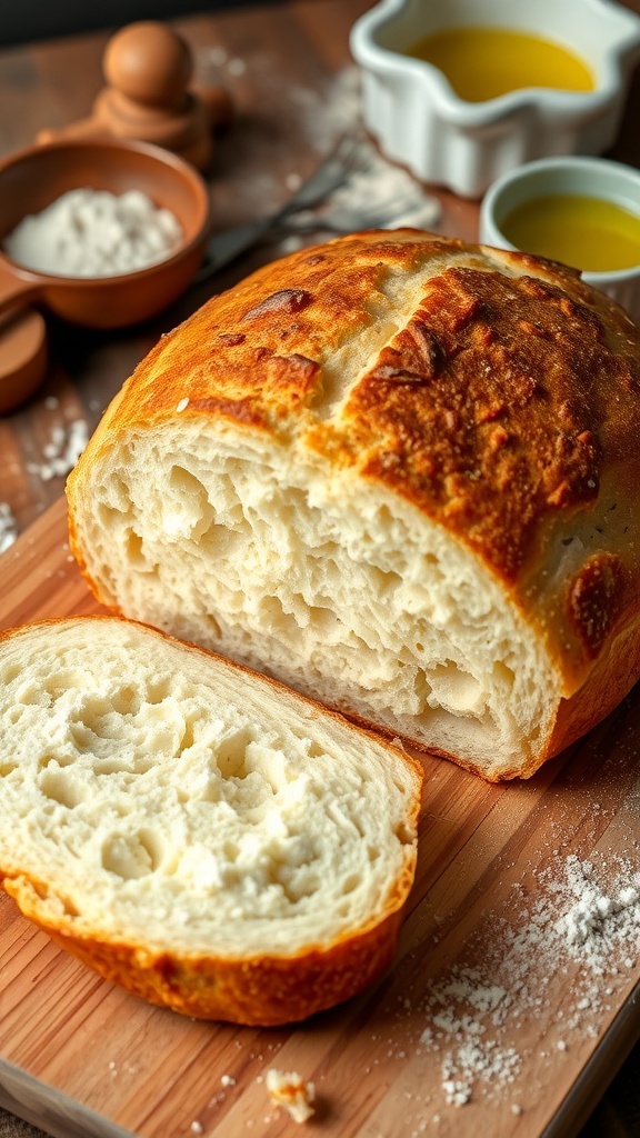 Easy Homemade Dutch Oven Bread Recipe A golden-brown loaf of Dutch oven bread on a wooden board, with slices showing its soft texture.